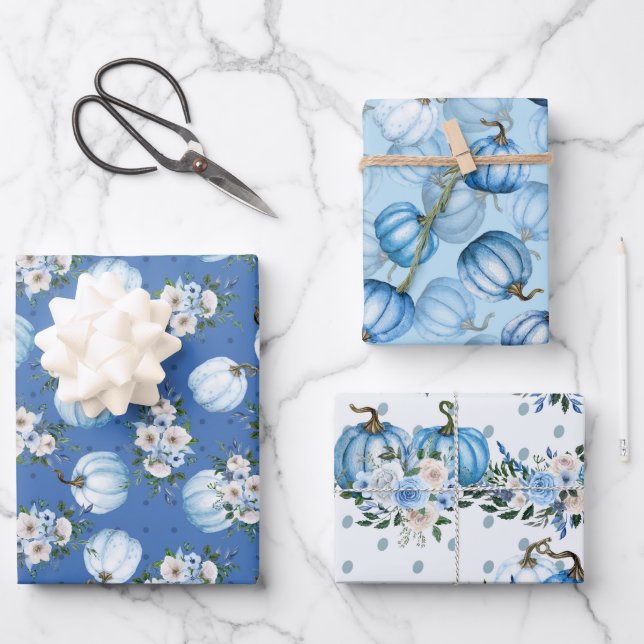WASSERFARBBLUE FALL PUMPKINS & BLUME GESCHENKPAPIER SET (Vorderseite)