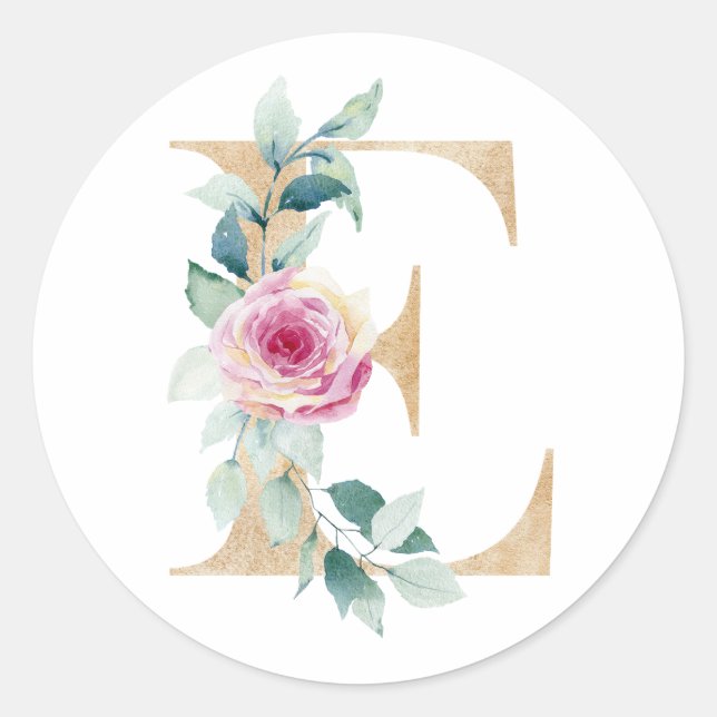 Wasserfarbbuchstabe E mit Rose Runder Aufkleber (Vorderseite)