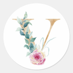 Wasserfarbbuchstabe V mit Rose. Personalisieren du Runder Aufkleber