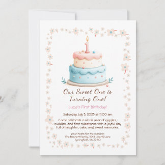 Wasserfarbe 1. Geburtstag Einladung mit Cake Candl