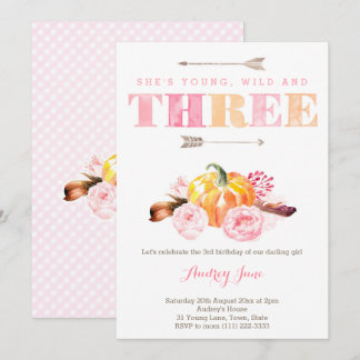 Wasserfarbe 3. Geburtstag Party laden, boho Kürbis Einladung