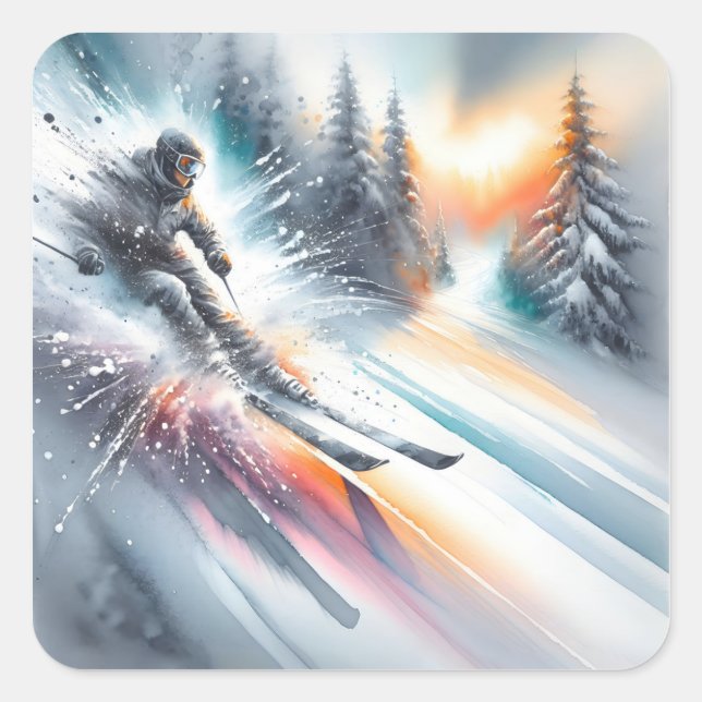 Wasserfarbe Abstrakt Downhill Skier Quadratischer Aufkleber (Vorderseite)