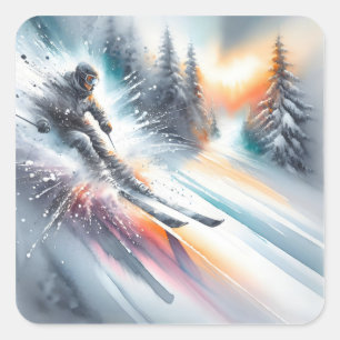 Wasserfarbe Abstrakt Downhill Skier Quadratischer Aufkleber
