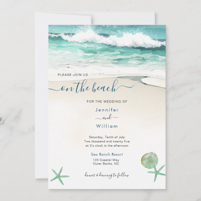Wasserfarbe am Strand Einladung zur Hochzeit (Vorderseite)