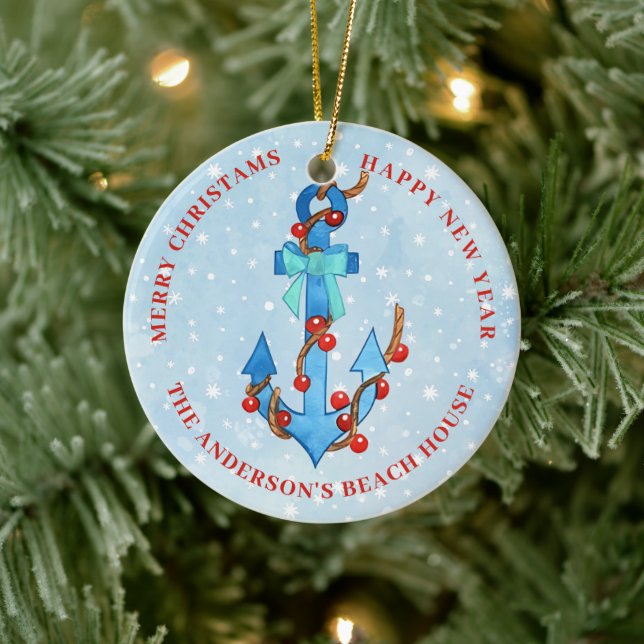 Wasserfarbe Anchor Weihnachtslicht Bow Nautic Keramik Ornament (Baum)