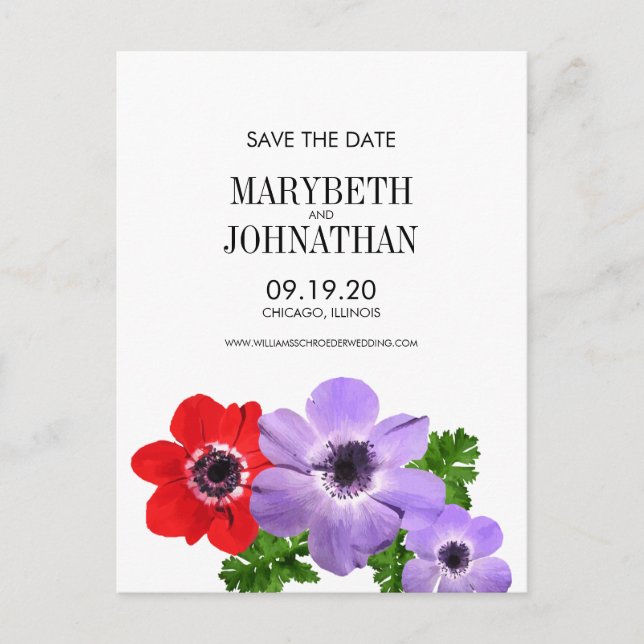 Wasserfarbe Anemone Bläserne Save the Date Postkar Ankündigungspostkarte (Vorderseite)