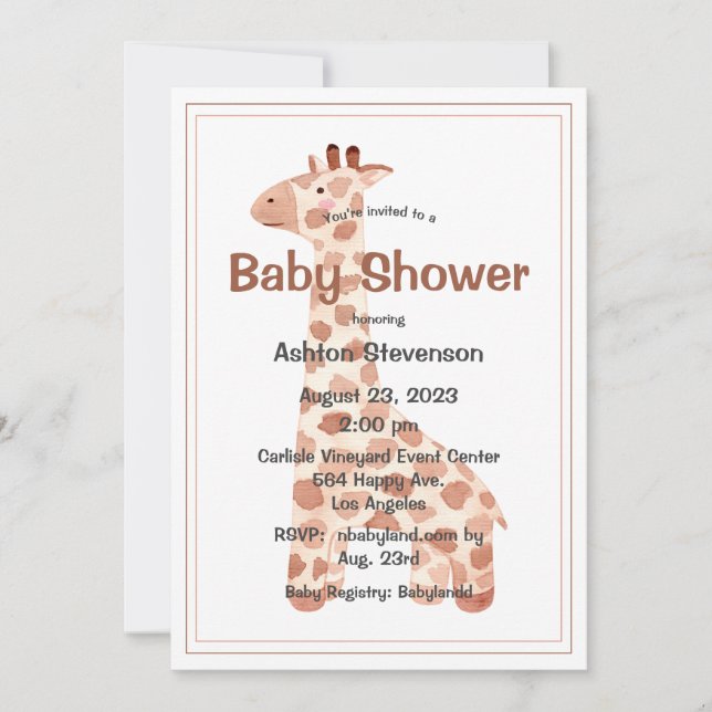 Wasserfarbe Baby Giraffe Einfache Babydusche Einladung (Vorderseite)