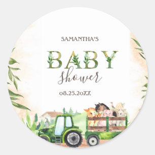 Wasserfarbe Bauernhof Tiere Traktor Baby Shower Runder Aufkleber