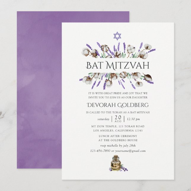 Wasserfarbe Baumwolle Lavender Bat Mitzvah Einladung (Vorne/Hinten)