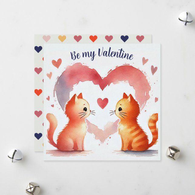 Wasserfarbe "Be My Valentine" Karte Orange Katzen (Vorderseite/Rückseite Beispiel)