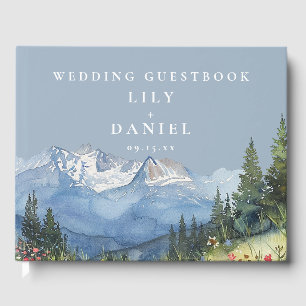 Wasserfarbe Berg Blumen Staubblau Hochzeit Gästebuch