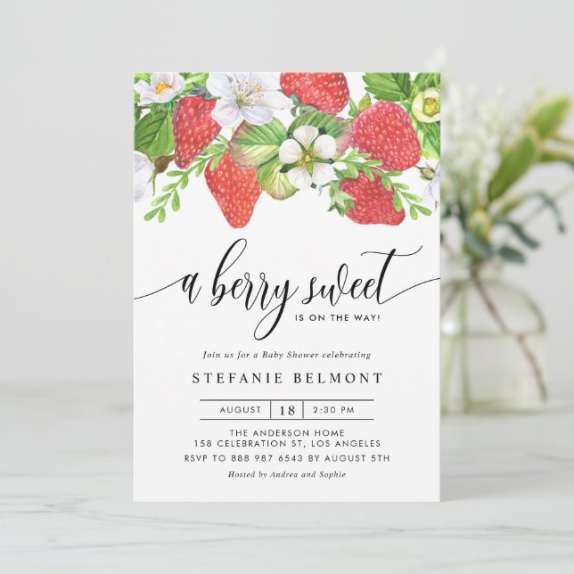 Wasserfarbe Berry Sweet Strawberries Babydusche Einladung (Stehend Vorderseite)
