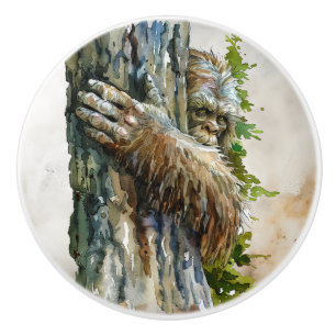 Wasserfarbe Bigfoot versteckt sich hinter Wald Ker Keramikknauf