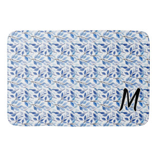 Wasserfarbe Blau Blatt Mosaik Feine Kunst Monogram Badematte