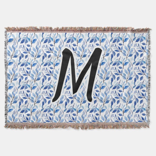 Wasserfarbe Blau Blatt Mosaik Feine Kunst Monogram Decke (Vorderseite)