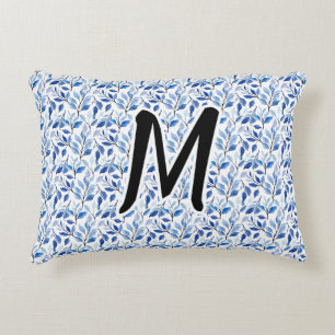 Wasserfarbe Blau Blatt Mosaik Feine Kunst Monogram Dekokissen