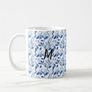 Wasserfarbe Blau Blatt Mosaik Feine Kunst Monogram Kaffeetasse