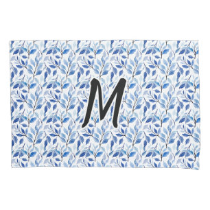 Wasserfarbe Blau Blatt Mosaik Feine Kunst Monogram Kissenbezug