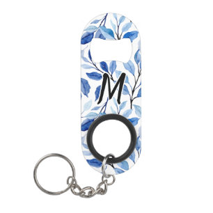 Wasserfarbe Blau Blatt Mosaik Feine Kunst Monogram Mini Flaschenöffner