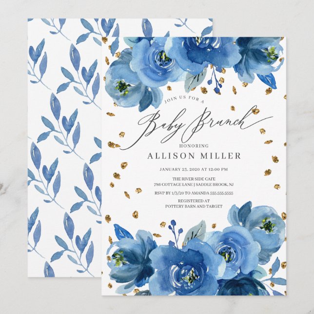 Wasserfarbe Blau Blumen Babydusche Brunch Einladung (Vorne/Hinten)