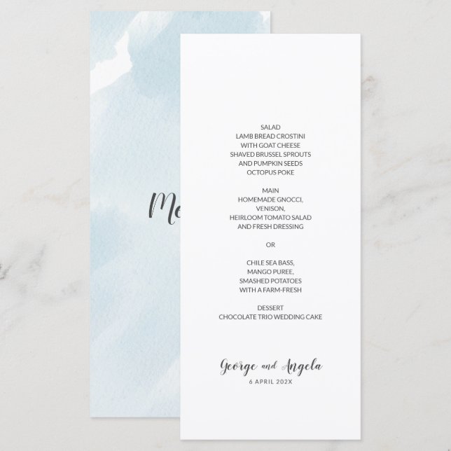 Wasserfarbe Blau Einfaches Party Menü Menükarte (Vorne/Hinten)