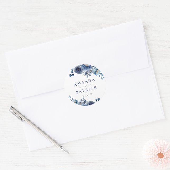 Wasserfarbe Blau Elegante Hochzeiten Umschlag Aufk Runder Aufkleber (Umschlag)