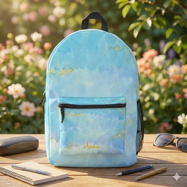 Wasserfarbe blau & Goldglitter Bedruckter Rucksack (Rucksack im Himmelblauen Wasserfarben-Design und Goldglitter Effekt. Personalisierbar mit Name.)