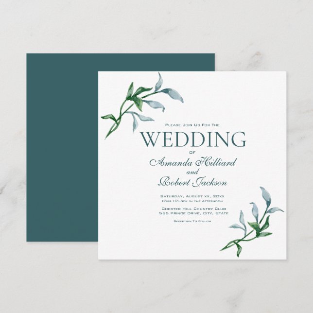 Wasserfarbe Blau grüne Blüte Elegante Hochzeit Einladung (Vorne/Hinten)