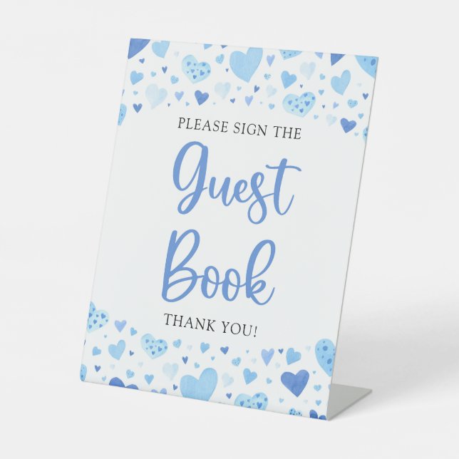 Wasserfarbe Blau Herz Valentine Gästebuchsignatur Sockelschild (Vorderseite)