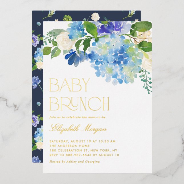 Wasserfarbe Blau Hydrangea Babydusche Brunch Folieneinladung (Vorderseite/Rückseite)