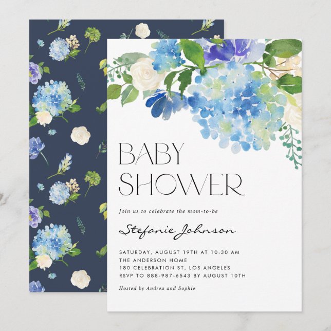 Wasserfarbe Blau Hydrangea Bläschen Babydusche Einladung (Vorne/Hinten)