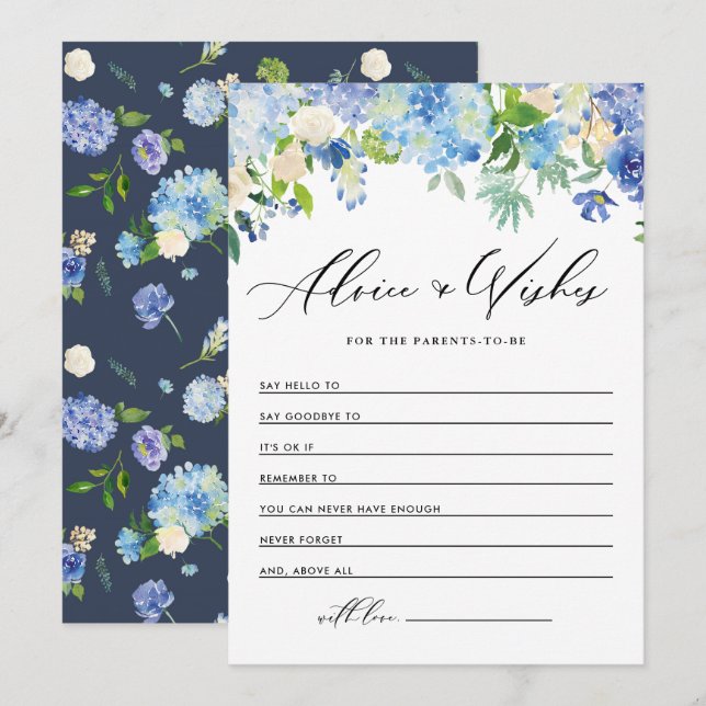 Wasserfarbe Blau Hydrangea Blume Babydusche Hinweiskarte (Vorne/Hinten)