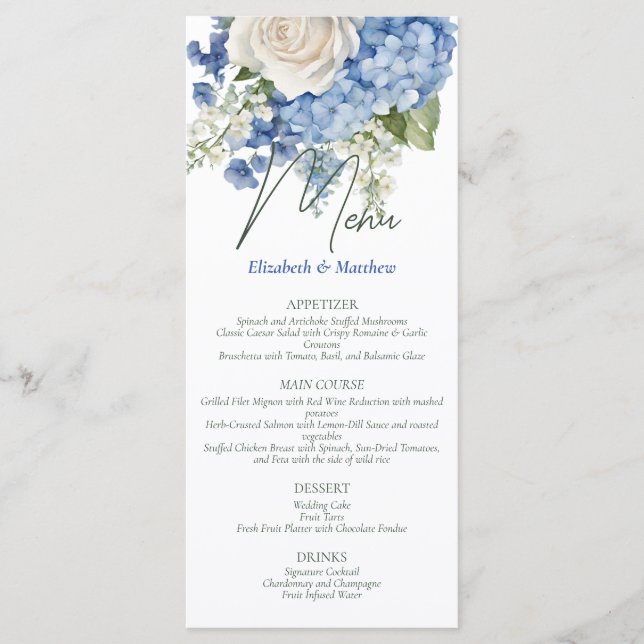 Wasserfarbe Blau Hydrangea Weißrosen Hochzeit Menükarte (Vorderseite)