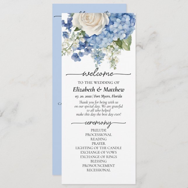 Wasserfarbe Blau Hydrangea Weißrosen Hochzeit Programm (Vorne/Hinten)