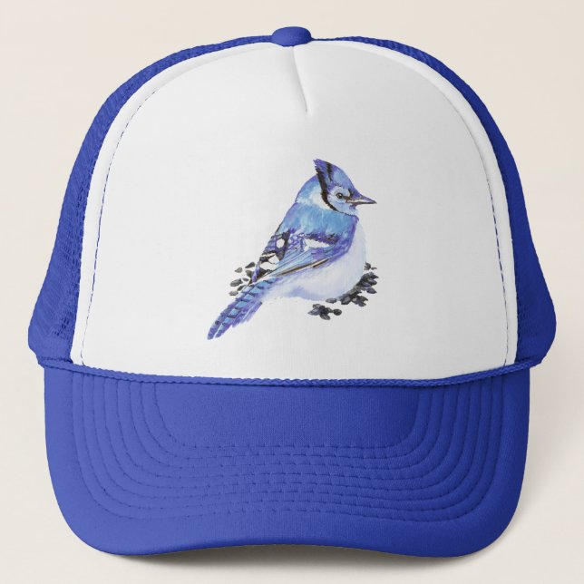 Wasserfarbe Blau Jay Bird Kunst, Dichtung und Musi Truckerkappe (Vorderseite)