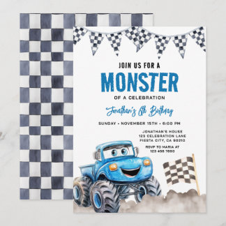 Wasserfarbe Blau Monster Truck Geburtstags-Rennpar Einladung