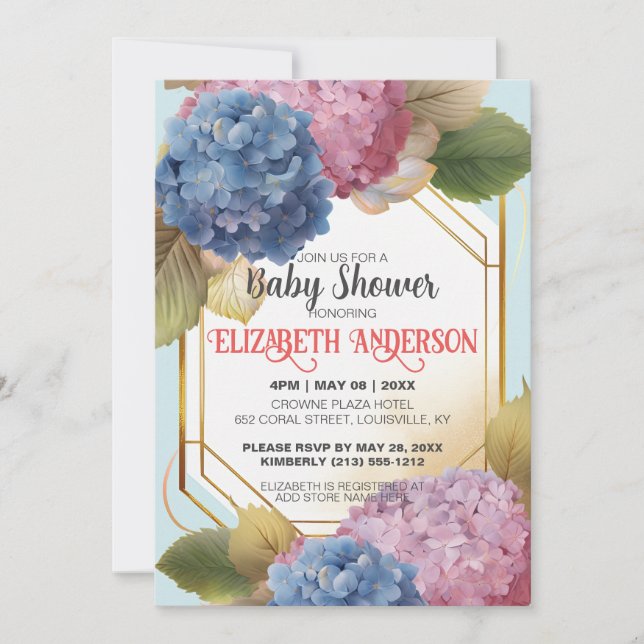 Wasserfarbe Blau Pink Hydrangea Babydusche nach Ma Einladung (Vorderseite)