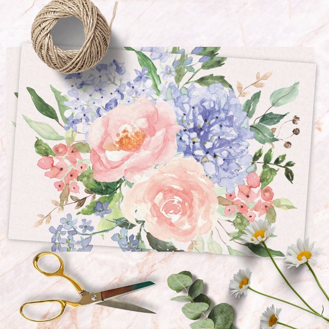 Wasserfarbe Blau Pink Hydrangea Peony Spring Flora Seidenpapier (In situ)