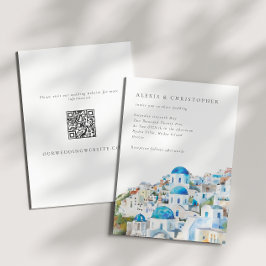 Wasserfarbe Blau Santorini QR Hochzeit Einladung