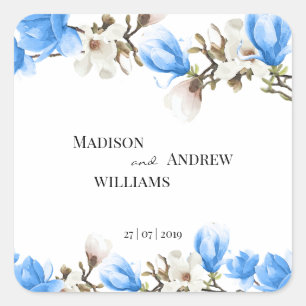 Wasserfarbe Blau und Weiß Magnolia Blossom Quadratischer Aufkleber