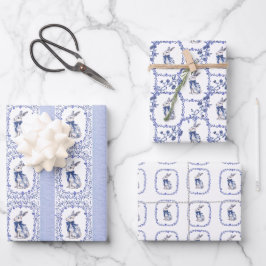 Wasserfarbe Blau & Weiß Chinoiserie Bunny Rabbi Geschenkpapier Set