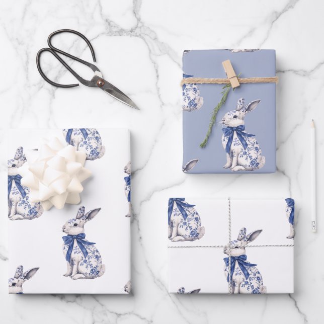 Wasserfarbe Blau & Weiß Chinoiserie Bunny Rabbi Geschenkpapier Set (Vorderseite)