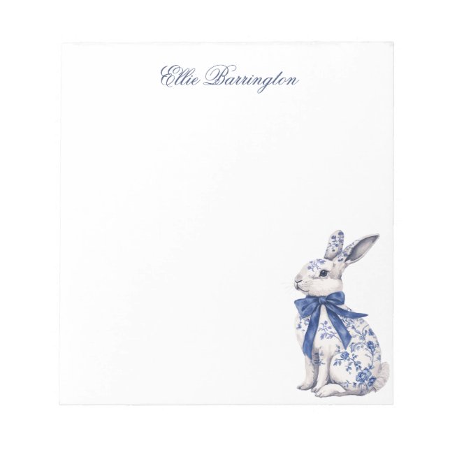 Wasserfarbe Blau & Weiß Chinoiserie Bunny Rabbi Notizblock (Vorderseite)