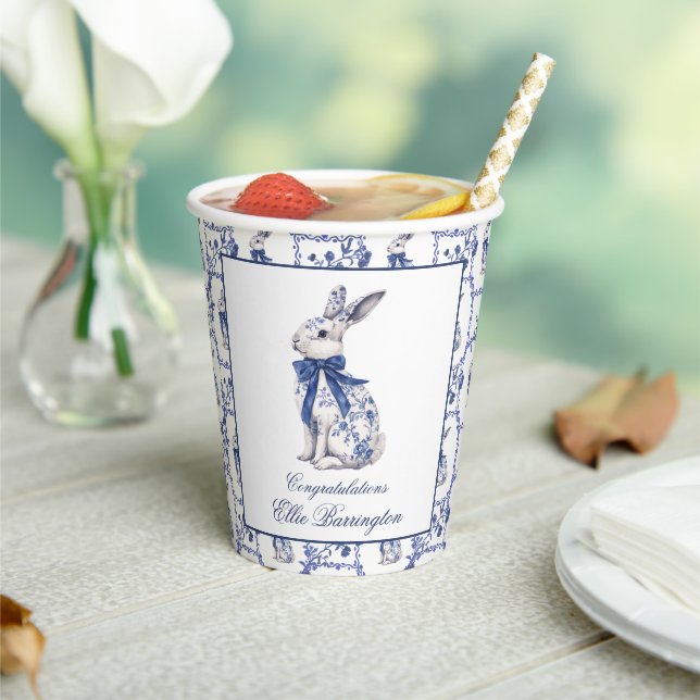 Wasserfarbe Blau & Weiß Chinoiserie Bunny Rabbi Pappbecher (In Situ)