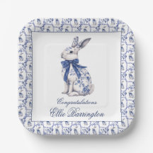 Wasserfarbe Blau & Weiß Chinoiserie Bunny Rabbi
