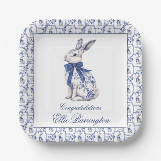 Wasserfarbe Blau & Weiß Chinoiserie Bunny Rabbi Pappteller (Vorderseite)