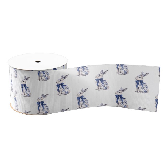 Wasserfarbe Blau & Weiß Chinoiserie Bunny Rabbi Ripsband (Spule)