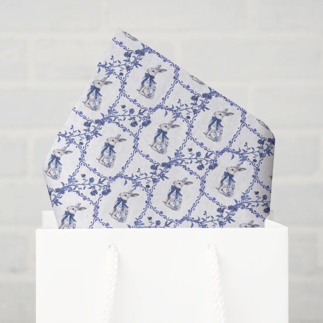 Wasserfarbe Blau & Weiß Chinoiserie Bunny Rabbi Seidenpapier (Geschenktüte)