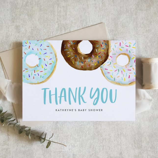 Wasserfarbe Blau & Weiße Donuts Baby Sprinkle Dankeskarte (Customizable thank you card featuring watercolor sprinkles donuts. Perfect for all events. )