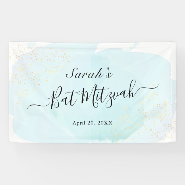 Wasserfarbe Blau x Gold Bat Mitzvah Banner (Horizontal)